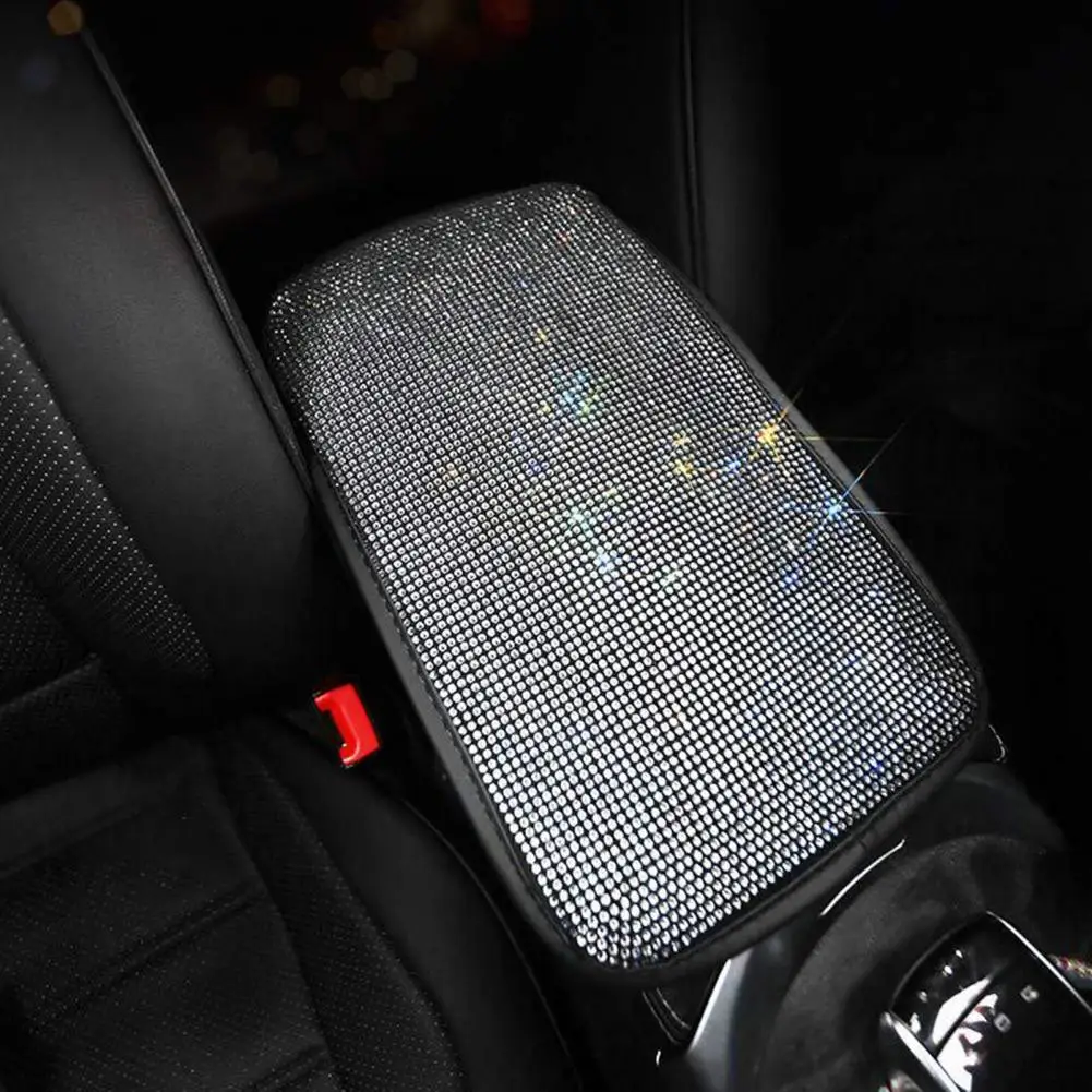 Rhinestone Armrest Box Protector Sparkling Rhinestone Car Armrest Cover with Elastic Band Universal Auto Console for Car