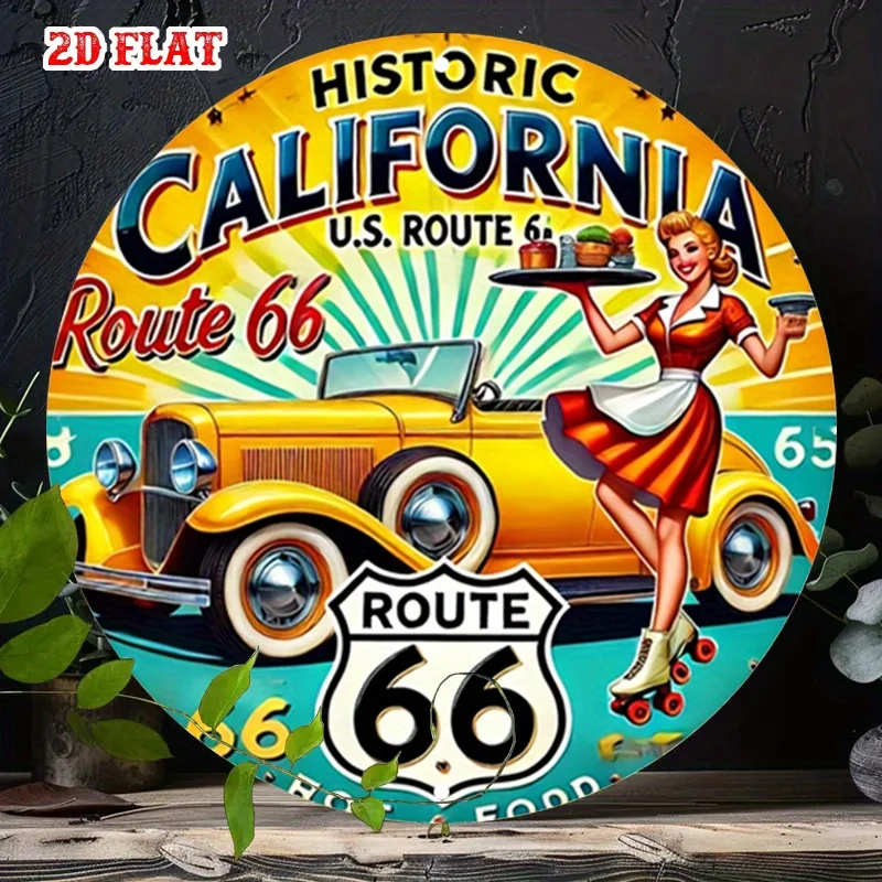 2D Flat, 1pc Historic California Route 66 Round Aluminum Sign - Vintage Car & Waitress Design, 19.99x19.99 cm Retro Metal Wall A