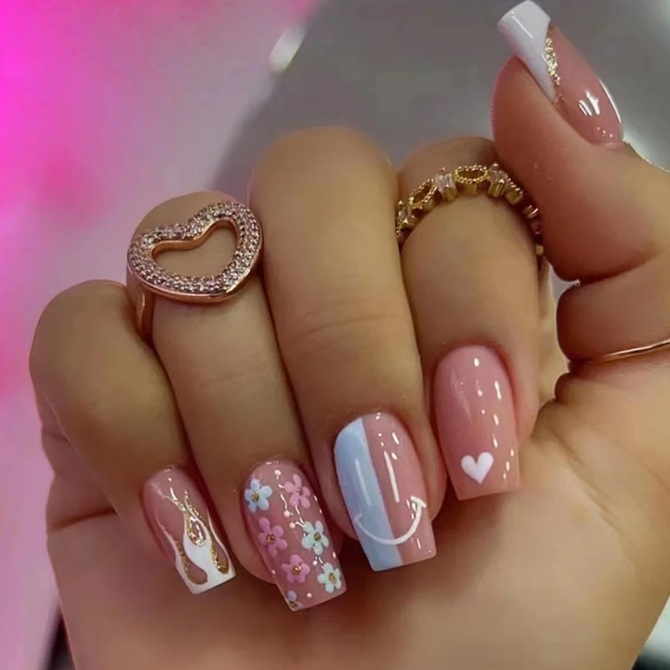 24Pcs Simple Pink Medium Length Ballet Fake Nails White Gradient Press on Nails Finished Full Coverage Wearing False Nail Tips
