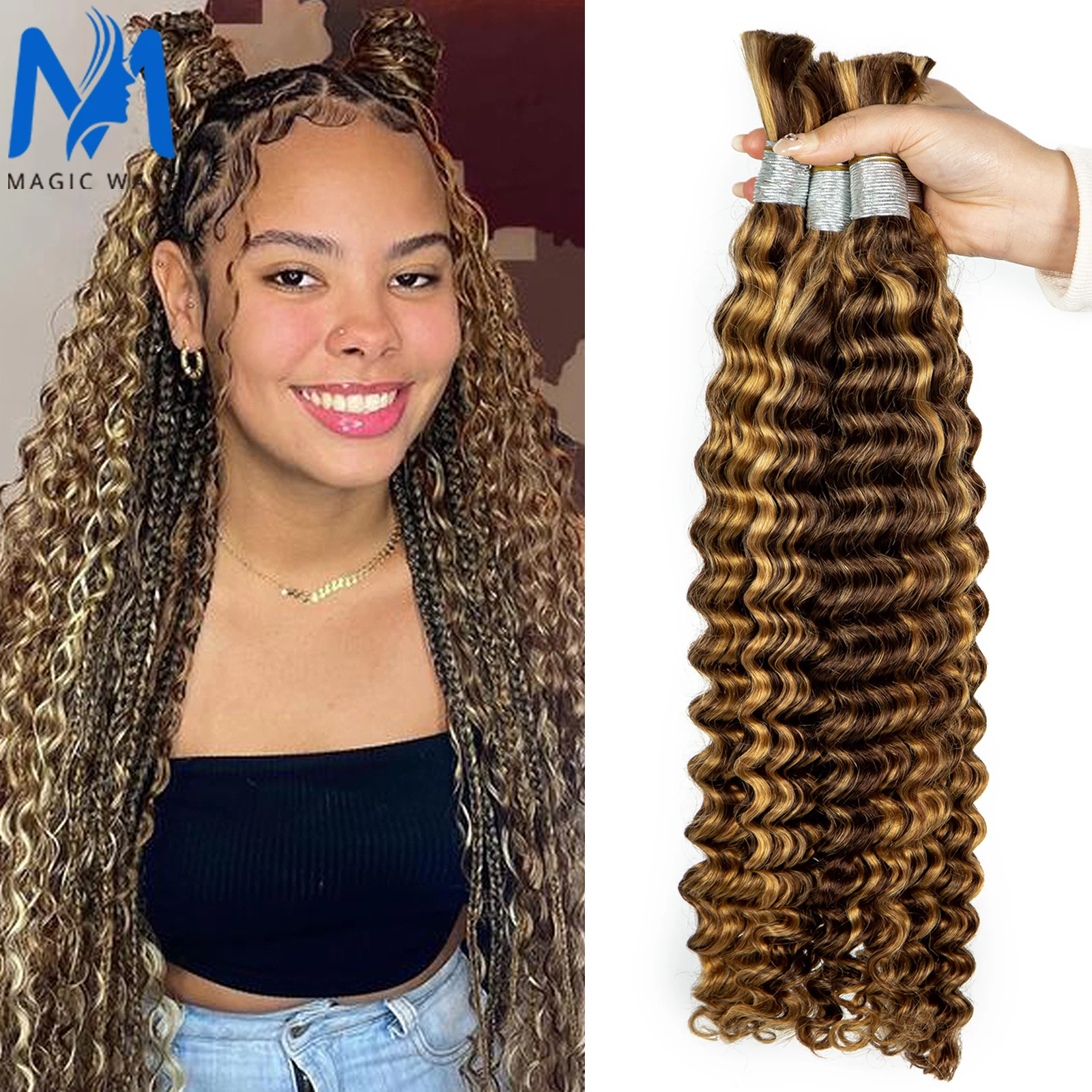 

Deep Wave Bulk Human Hair Bulk for Boho Braiding 4/27 Colored Brazilian Human Hair Bulk No Weft Extension Crochet Braids