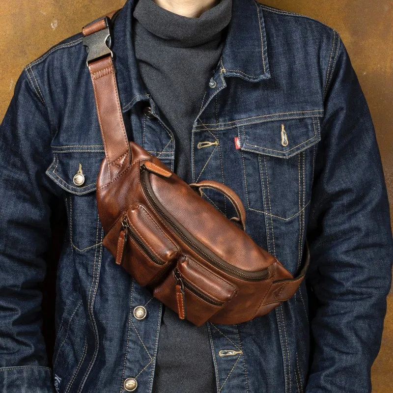 

Hand-painted genuine leather chest bag, casual crossbody bag, top-grain cowhide shoulder bag, men's bag, retro cycling bag