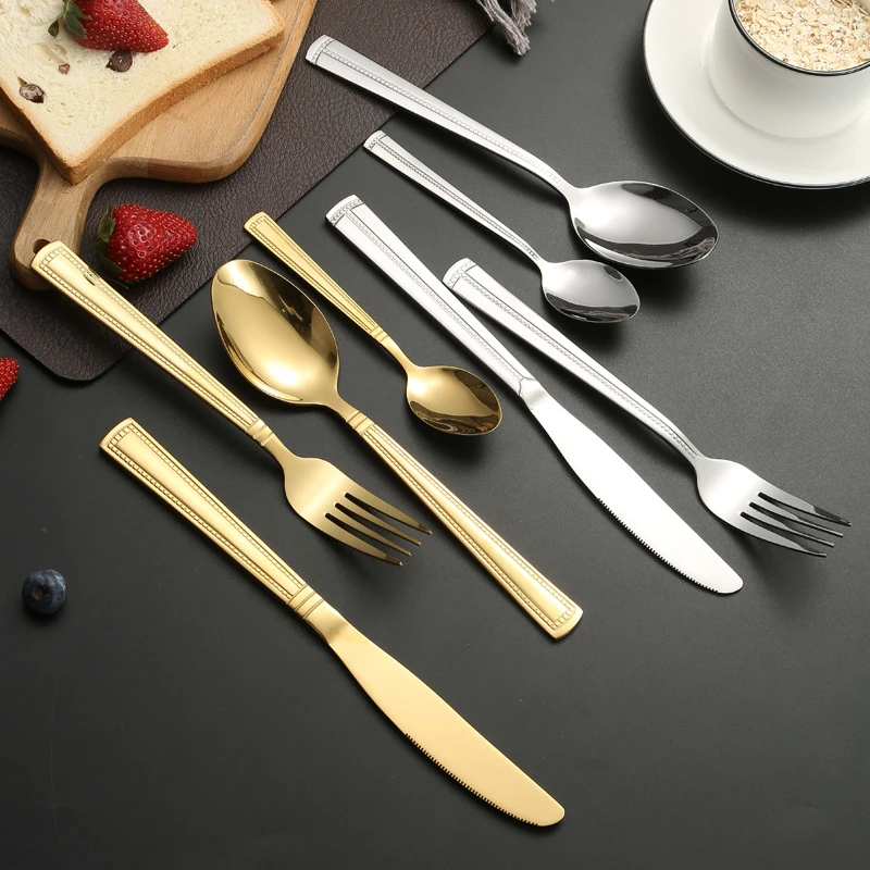 Golden Western Stainless Steel Cutlery Set Thickened  Printed Spoons Forks Knifes Dinnerware Set Tableware Kitchen Utensils