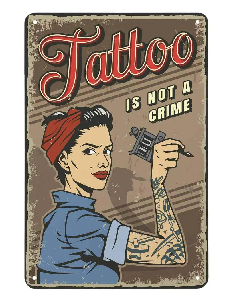 Aoyego Tattoo Is Not a Crime Tin Logo, Arm Art Girl Hand-Drawn Tattoo Vintage Metal Tin Logo Cafe Bar Pub Wall Decoration Funny