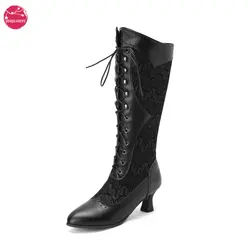 Women Vintage Victorian Boots Lace Up Long Boots Comfy Halloween Costume Characters Alice Wonderland Inspired Cosplay Shoes