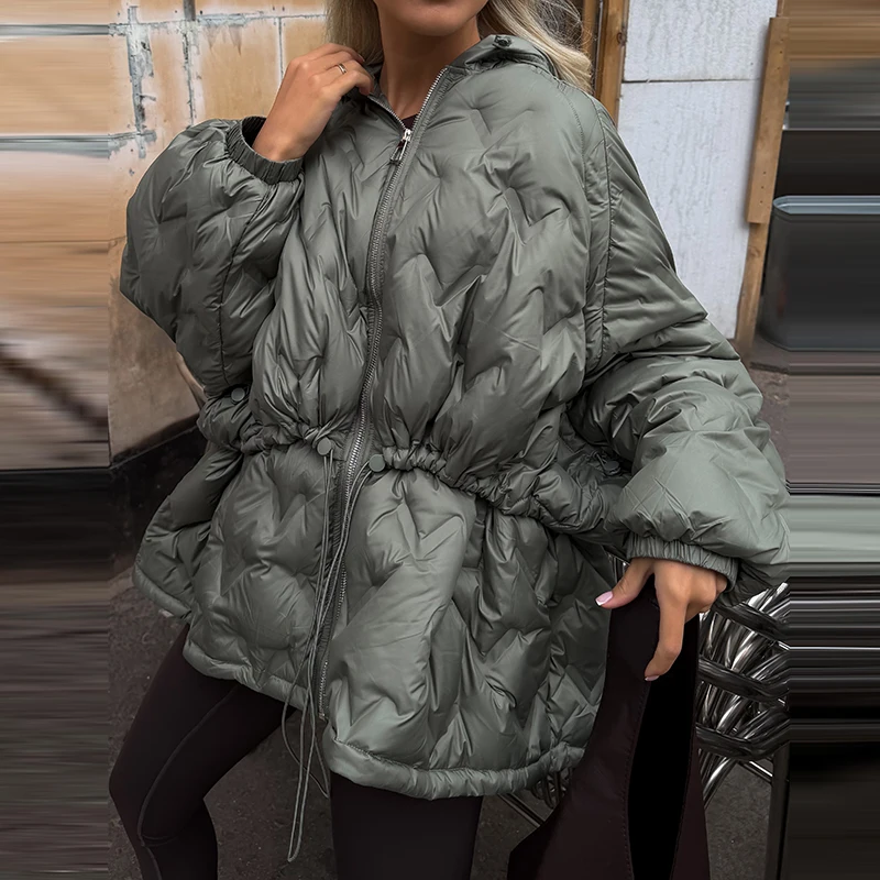 2026 Winter Solid Women Thicken Coat Casual Long Sleeve Hooded Zippers Pleated Female Outwear Elegant Lady Oversize Jacket