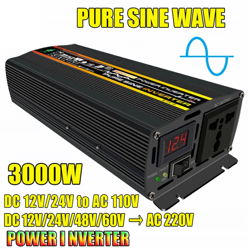 

3000W Pure Sine Wave Solar Car Inverter Power Inverter LED Display DC12V/24V/48V/60V to AC 220V 110V Socket Converter for Car