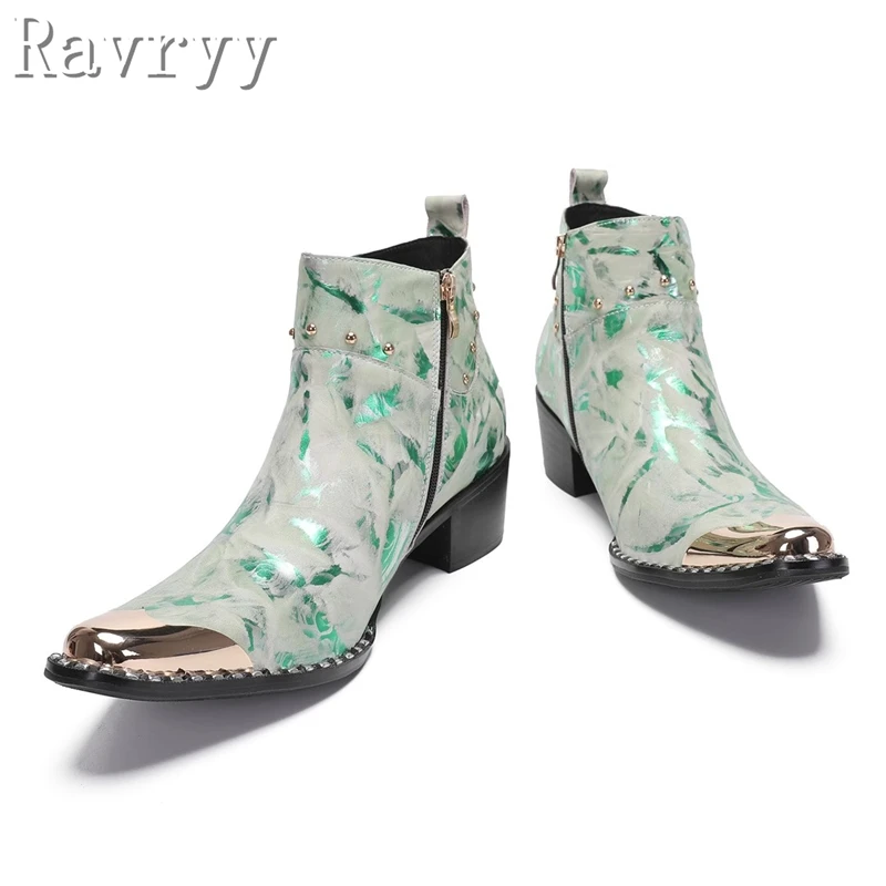 Luxury Brand Genuine Leather Prints Men Boots Metal Capped Toe Rivets Zip Ankle Boots Elegant Male Luxury Dress Wedding Shoes