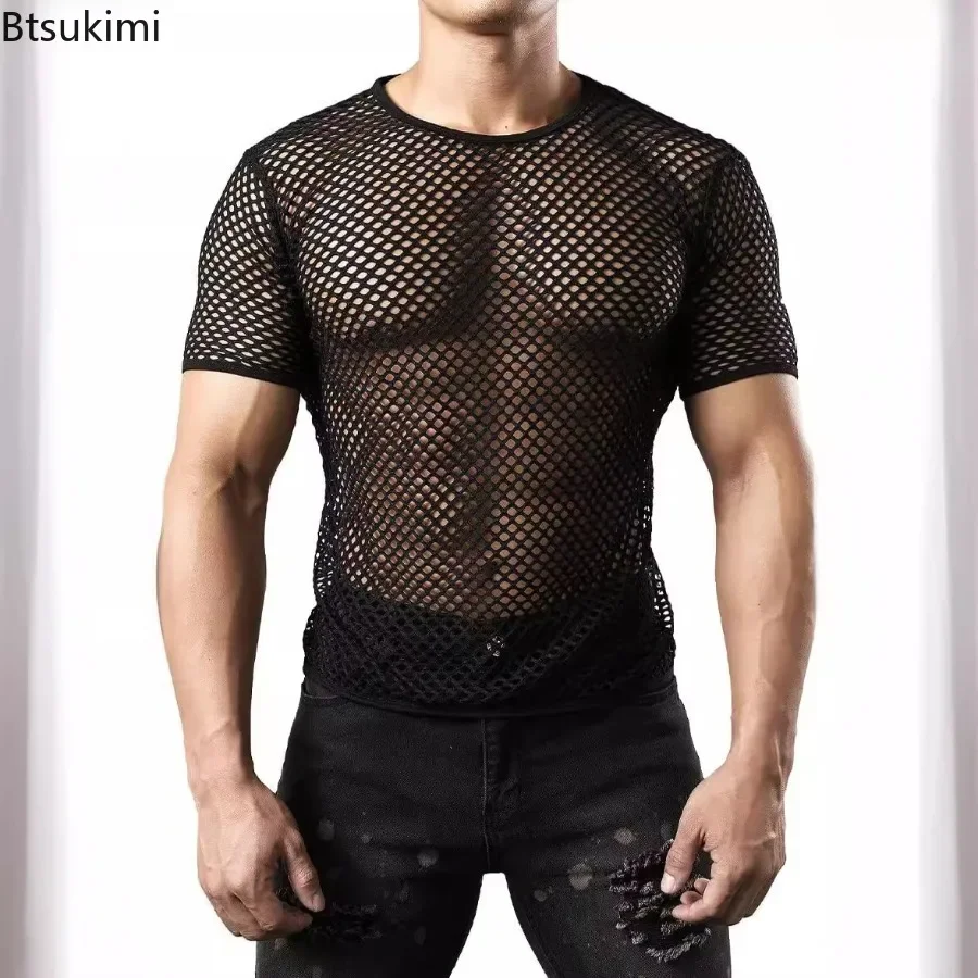 New 2025 Men's Sexy Mesh T-shirts Transparent Hollow Out Fishnet Short Sleeve O-neck Tops Men Sport Fitness Tees Nightclub Vest