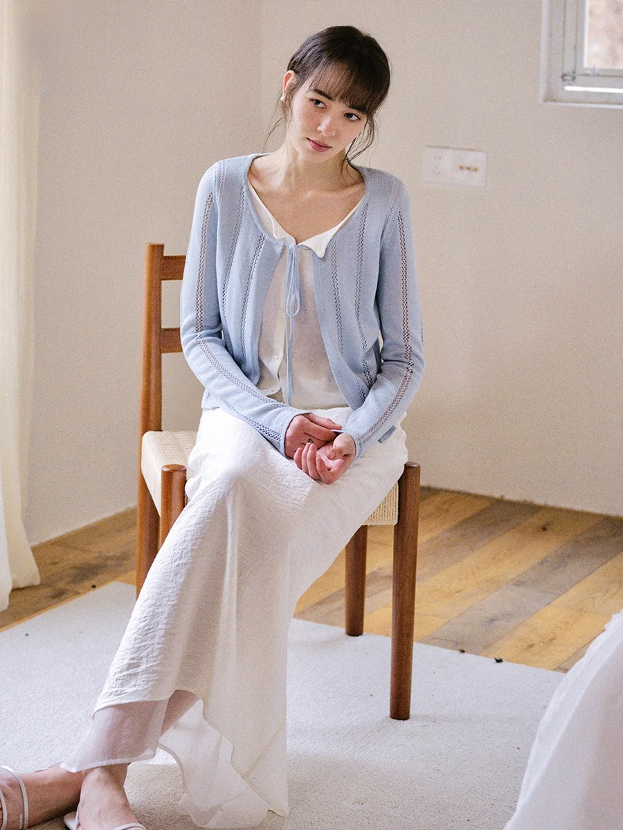 

Винтажный женский кардиган из смесовых волокон с ажурной вязкой, простой дизайн, короткий рукав, весенний сезон