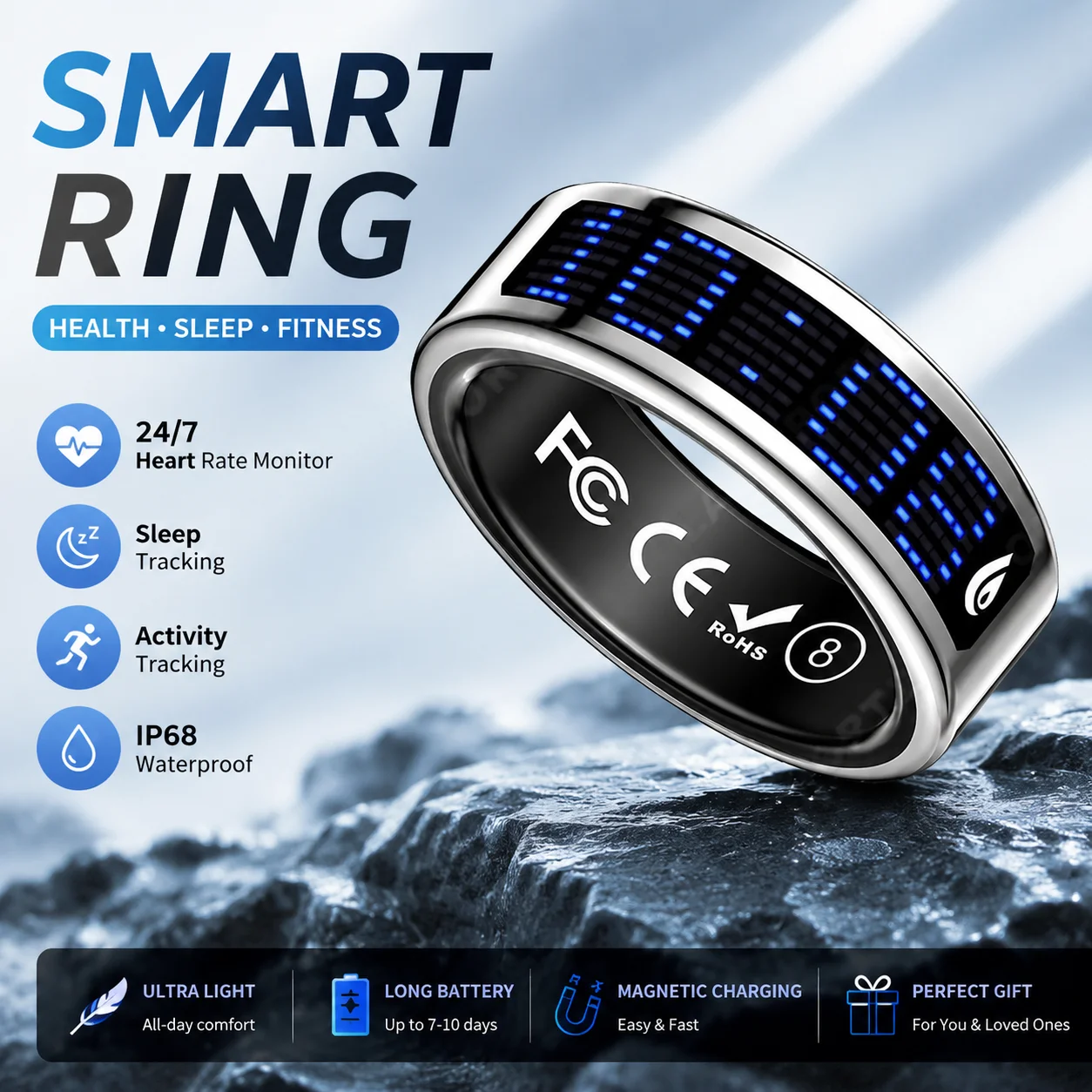 Smart Ring Men Women Display Screen Gesture Swipe Video Smartring Waterproof Heart Rate Sleep Monitor Qring for Android IOS HT22