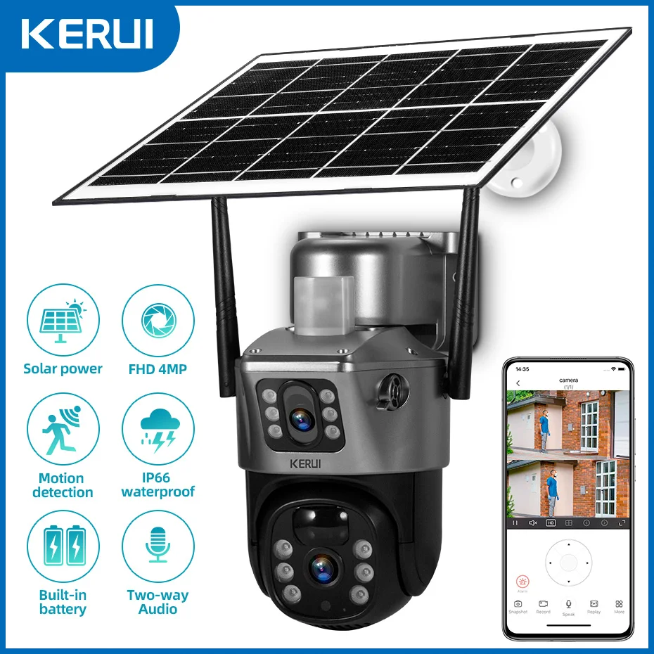 

KERUI Outdoor PTZ 4MP 2K 4G SIM WIFI Solar Panel Dual Lens Camera Home Security CCTV Video Surveillance Built-in Battery