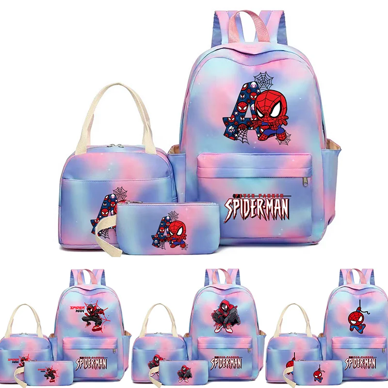 

3Pcs set Spider Man Girl Kid Backpack Student Schoolbags Large Double Shoulder Bag Travel Pen Lunch Bags Bookbag Laptop Sets