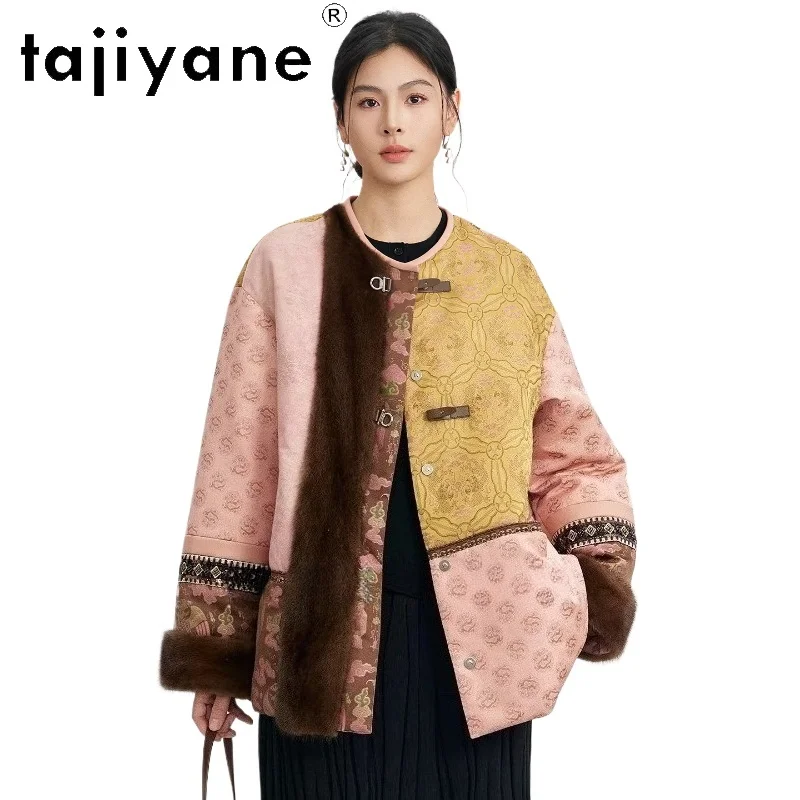 

TAJIYANE 90% гусиный пуховик женский роскошный норковый меховой воротник пуховое пальто с круглым вырезом розовое пальто 2025 зимняя женская одежда куртка женская