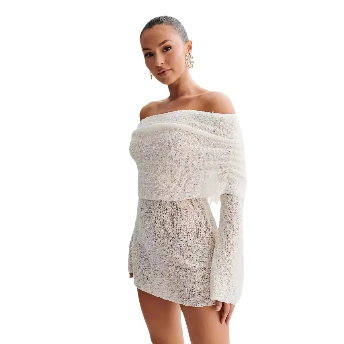 홀리데이 니트 홀로우 체스트 랩 숄더 드레스 고급 짧은 치마 2025 봄 여름 신상 여성 의류