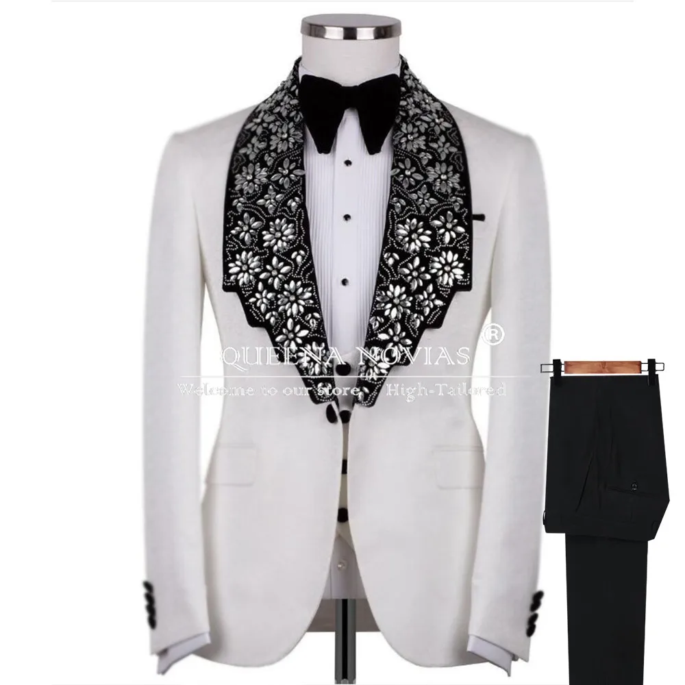 Customized Groom Wear Wedding Tuxedo Diamond Beaded Prom Blazers Single Breasted 3 Pieces Suits Men Slim Fit trajes para hombre