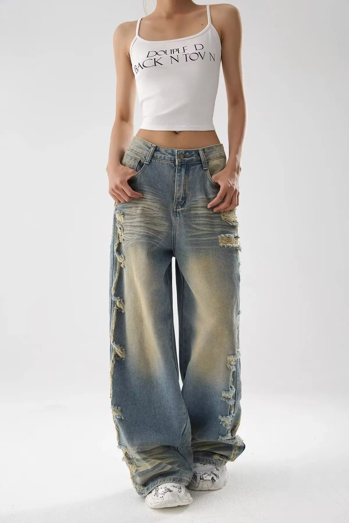 

Women's Blue Destruction Jeans Y2K Japanese Harajuku 2000S Style Aesthetic High Street Cave Vintage Jeans Pants Clothing 2025