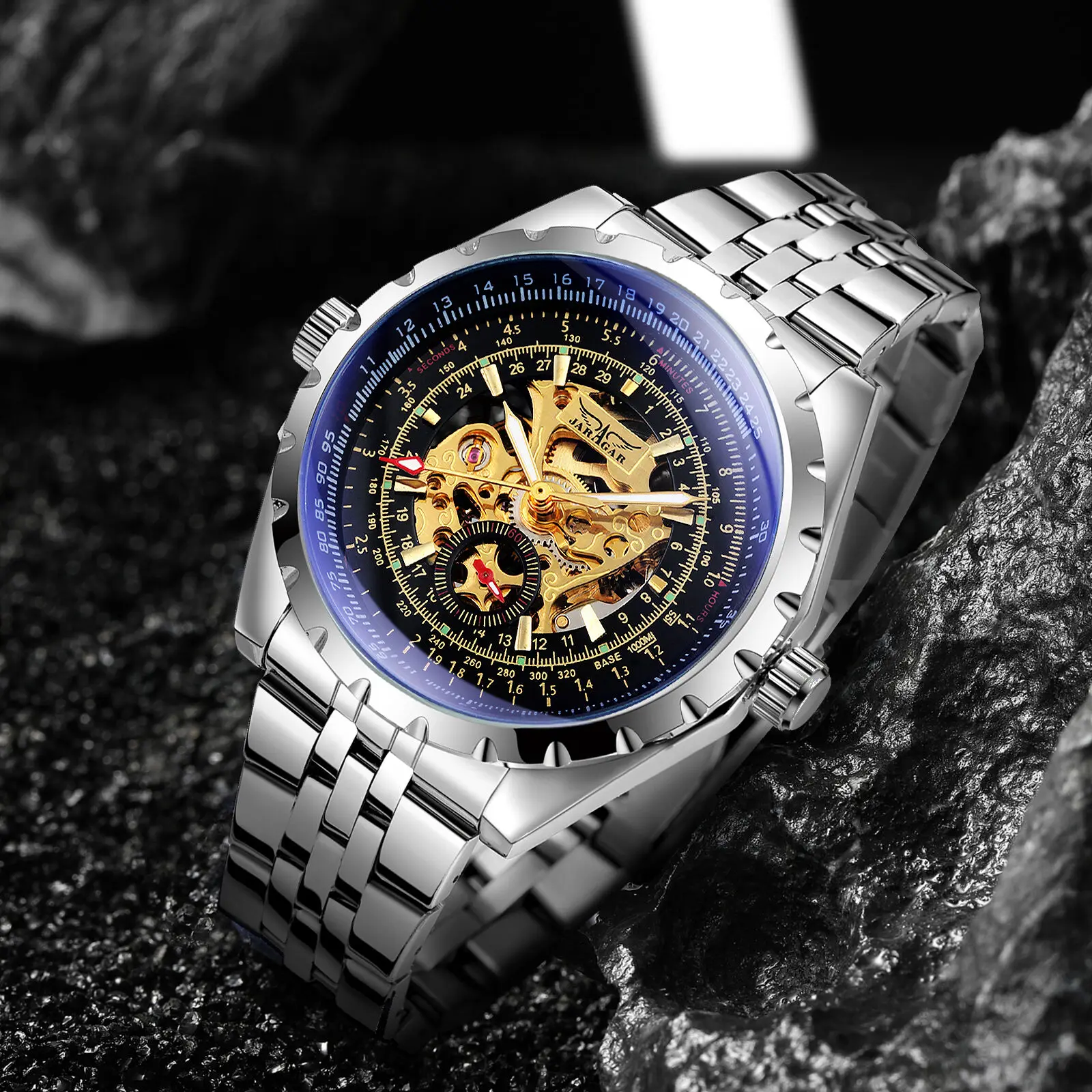 JARAGAR skeleton design men\'s automatic mechanical watches luxury steel band luminous waterproof top mechanical watch for men