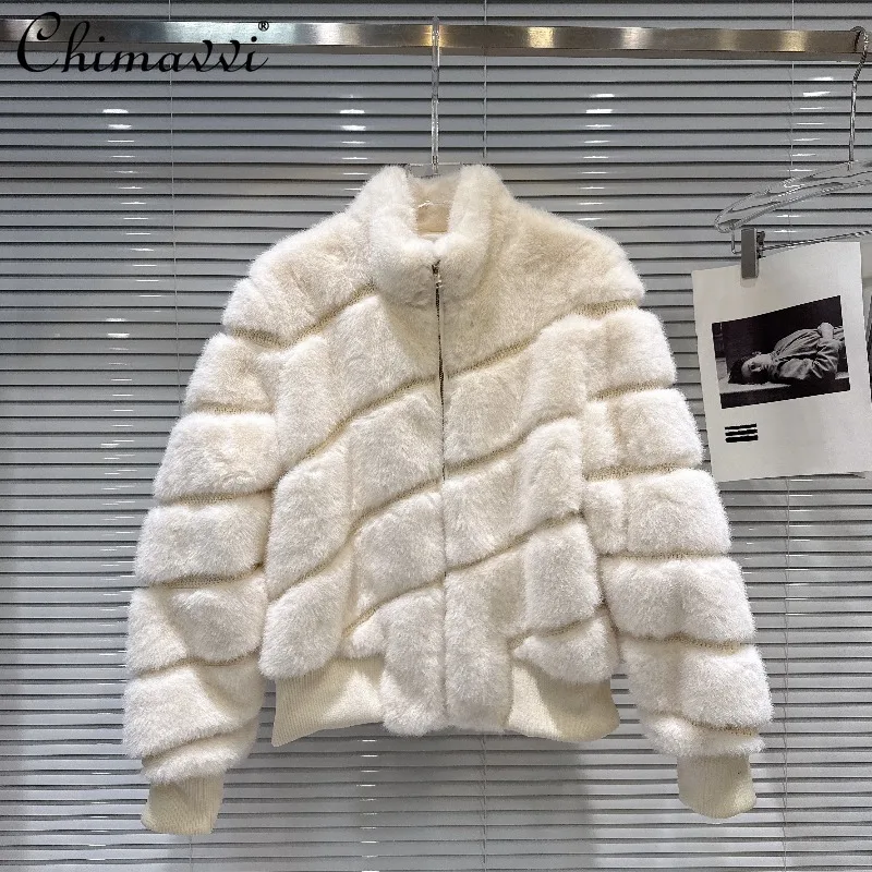 

2025 Winter Clothes New Sweet Temperament Furry Diagonal Faux Fur Fashion Long Sleeve Warm Temperament Short Coat Jackets