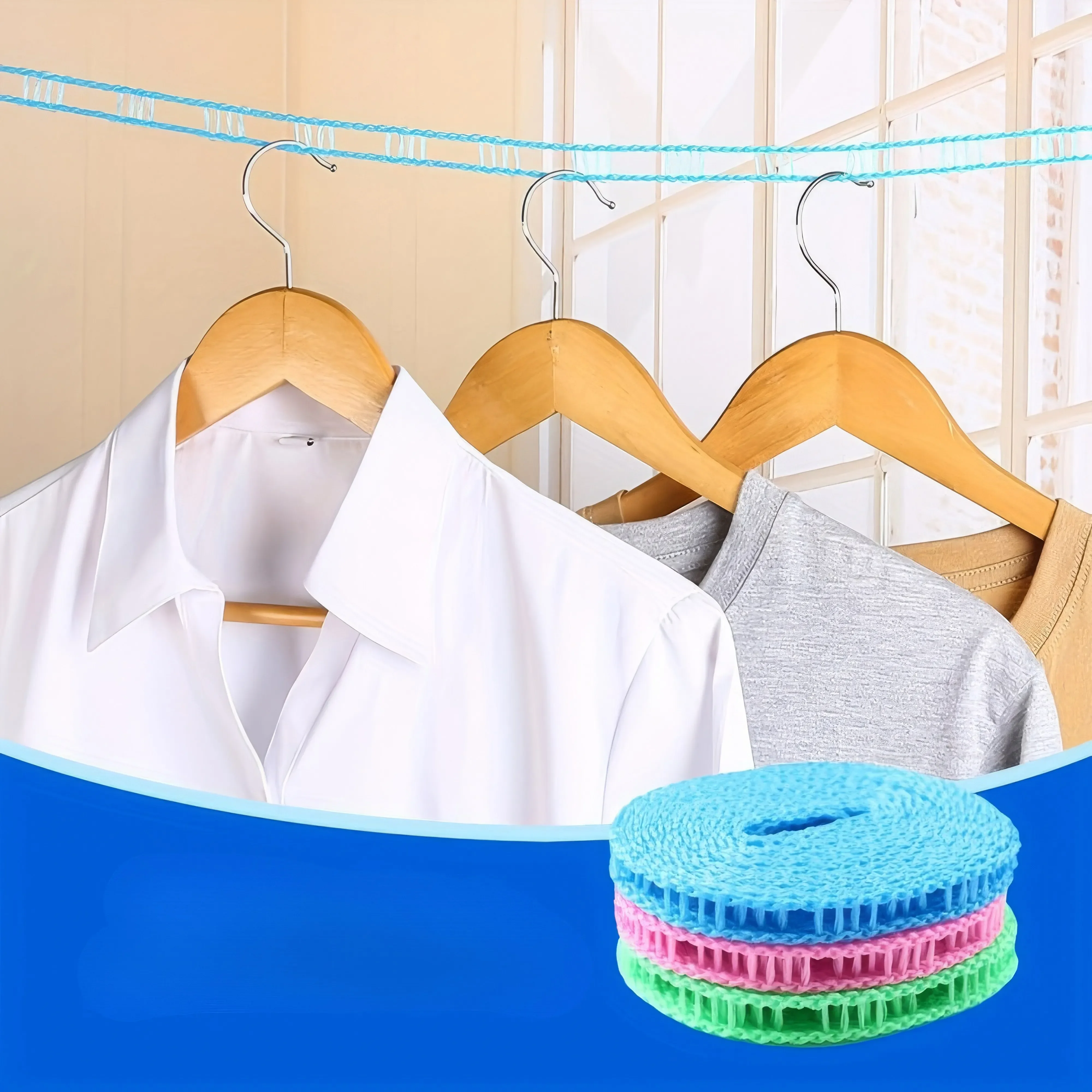 1 Practical Blue Portable Clothesline, Windproof and Adjustable, Suitable for Balcony and Dormitory Use