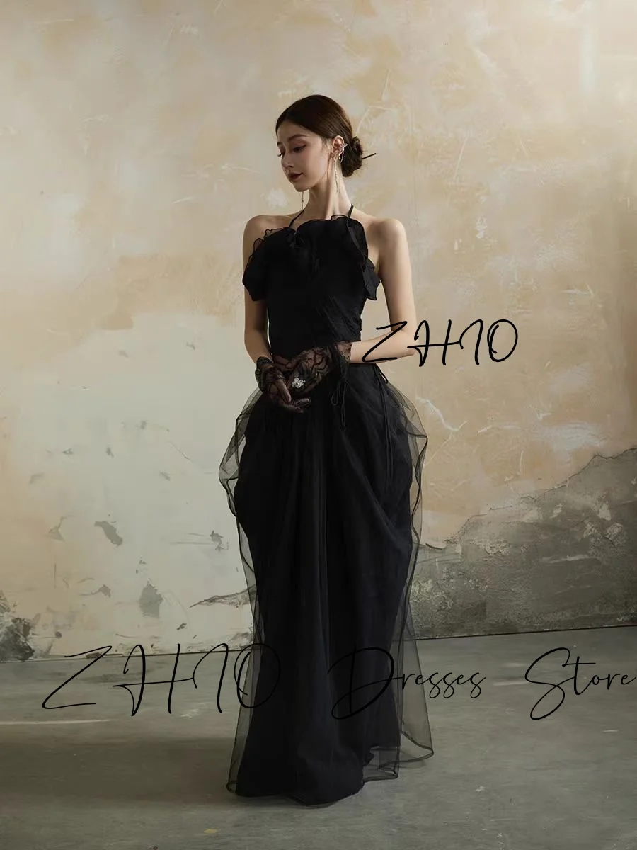 ZHIO moderno negro 2 uds vestido de fiesta de boda Halter plisado hasta el suelo sesión de fotos de Corea vestido de noche de recepción nupcial personalizado