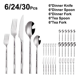 6/24/30Pcs Sliver Cutlery Stainless Steel 304 Tableware Mirror Western Dinner Set Bamboo Shape Handle Knife Fork Spoon Sliverwar