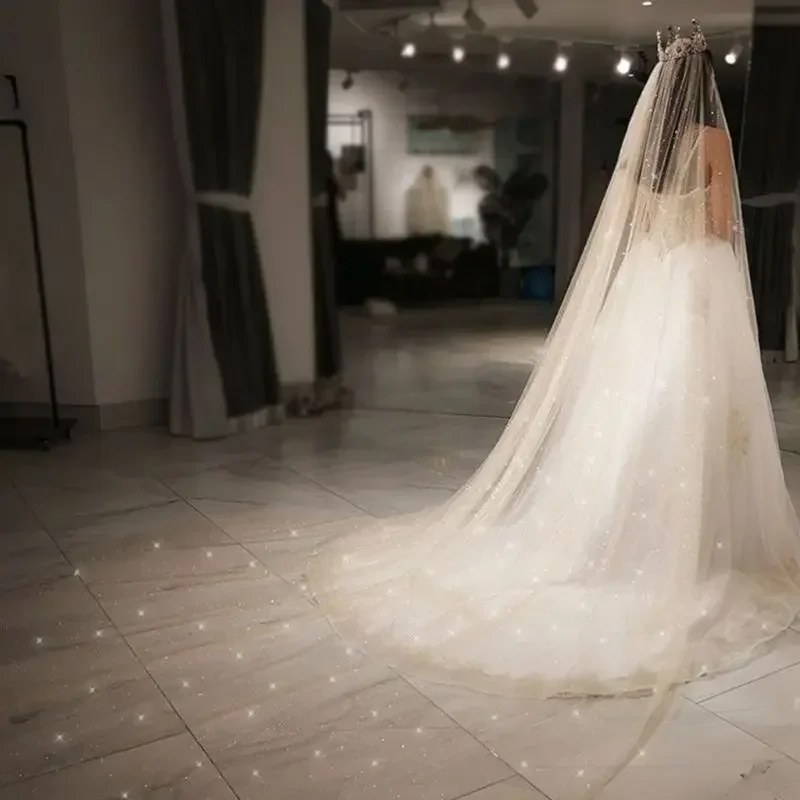 

Women Mesh Ultra-Long Trailing Cathedral Wedding Veil Romantic Luxury Shimmer Starry Sky Sequins Hot Stamping Bridal Accessories