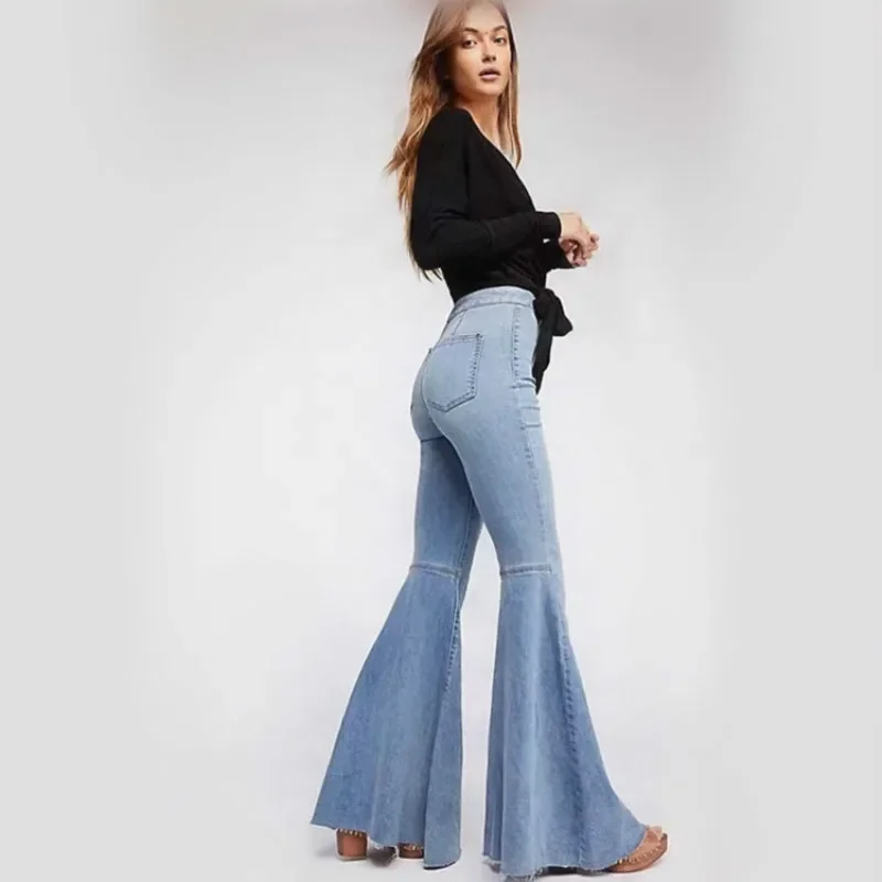 Fashion Button Big Flared Trousers Ladies Spring Fringe Stitching All-match High Waist Slimming Jeans Slim Long Stretch Tights