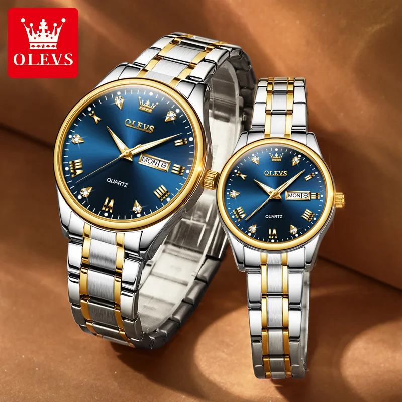 OLEVS 2023 Couple Wristwatches with Week Calendar Fashion Stainless Steel Waterproof Luminous Quartz Watches for Men and Women