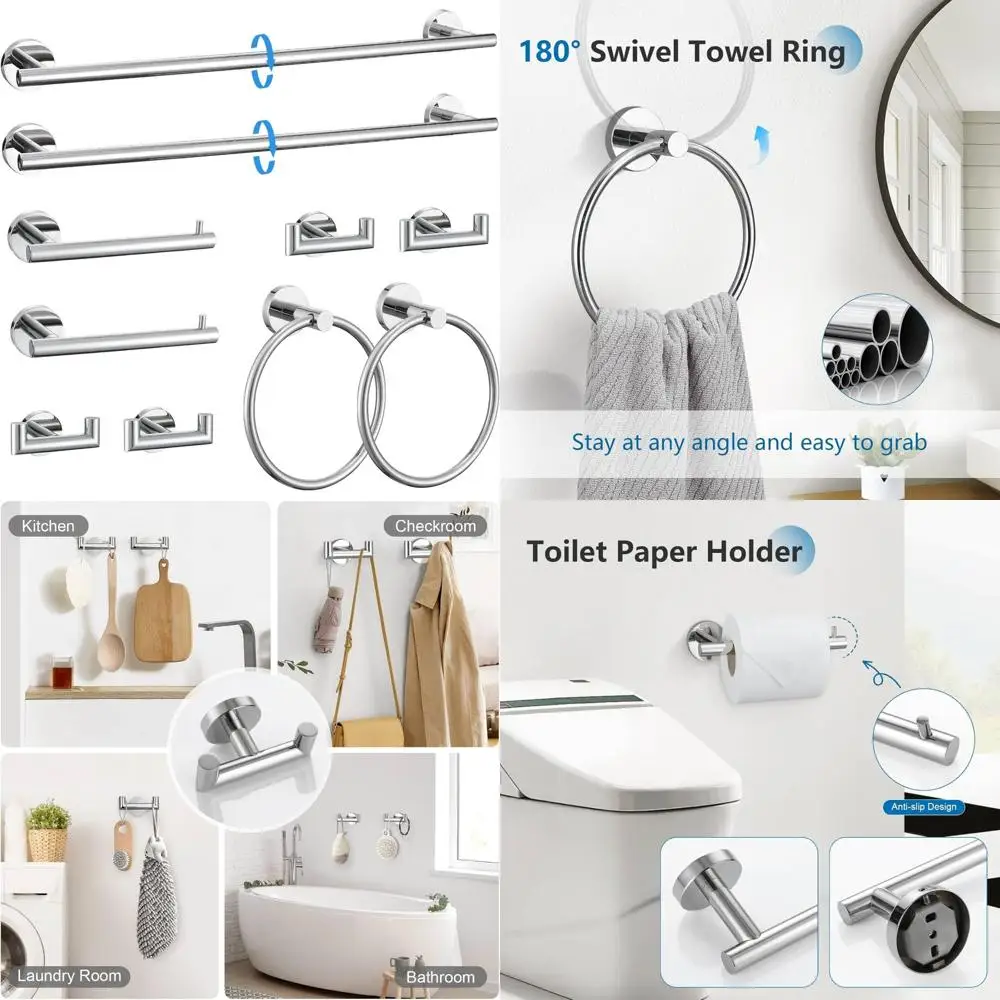 

Chrome 10-Piece Towel Bar Set - Upgraded Bathroom Hardware Accessories with Towel Hooks and Holders for Enhanced Style