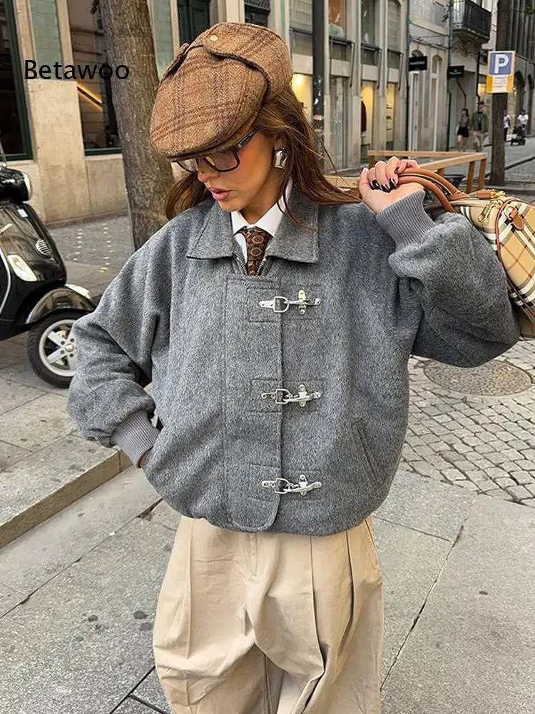 Turn Down Collar Horn Button Short Coat Loose Vintage Casual New Arrival Autumn Winter Outerwear for Women