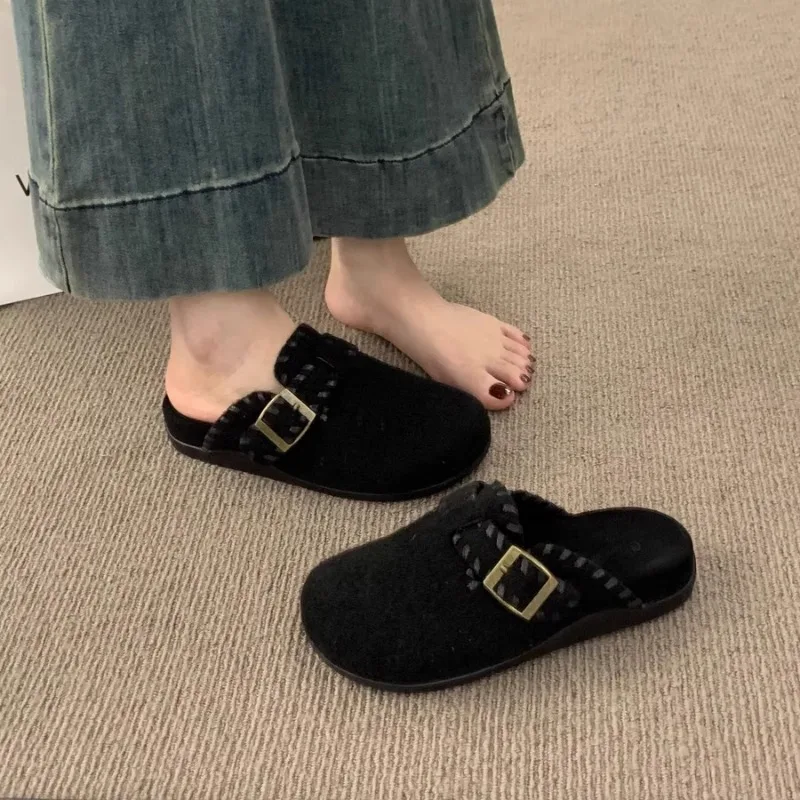 خريف وشتاء جديد للنساء والرجال من جلد الغزال شبشب بمقدمة مغلقة داخلي أو خارجي سهل الارتداء شبشب مسطح متين