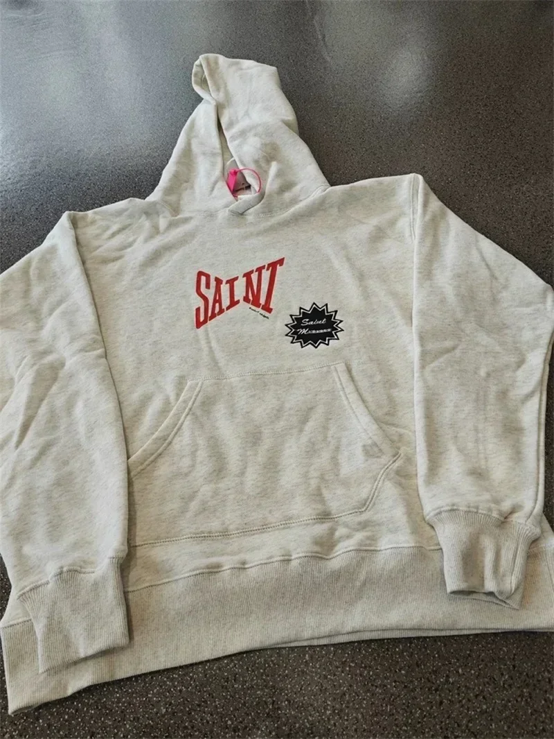 

25ss SAINT MICHAEL Grey Sweatshirts Men Women Best Quality Pure Cotton Washed Oversized Hoodie