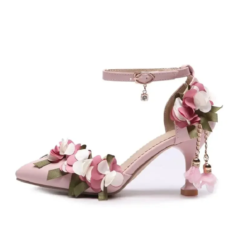 New Style Single Shoes Female Shoes Summer Sandals Flower Pearl Sweet Princess High Heels Lolita Female Shoes