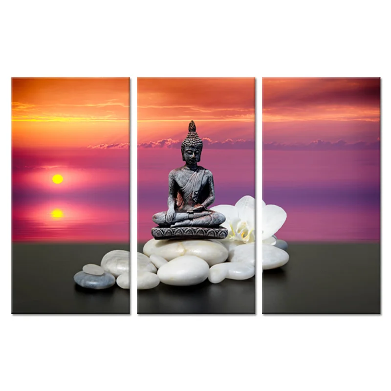 

3 Pieces Buddha Statue Wall Art Canvas Painting Stones and Flowers Print Poster Modern Style Picture Living Room Home Decor