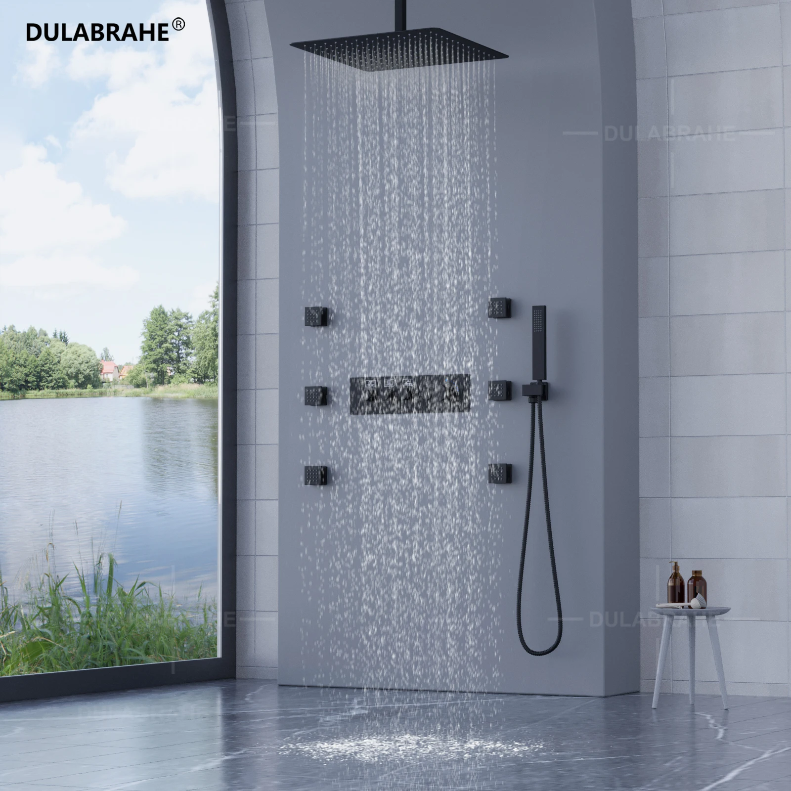 Bathroom Ceiling 10inch Shower System Rainfall Thermostatic Digital Display Concealed Shower Faucet Set