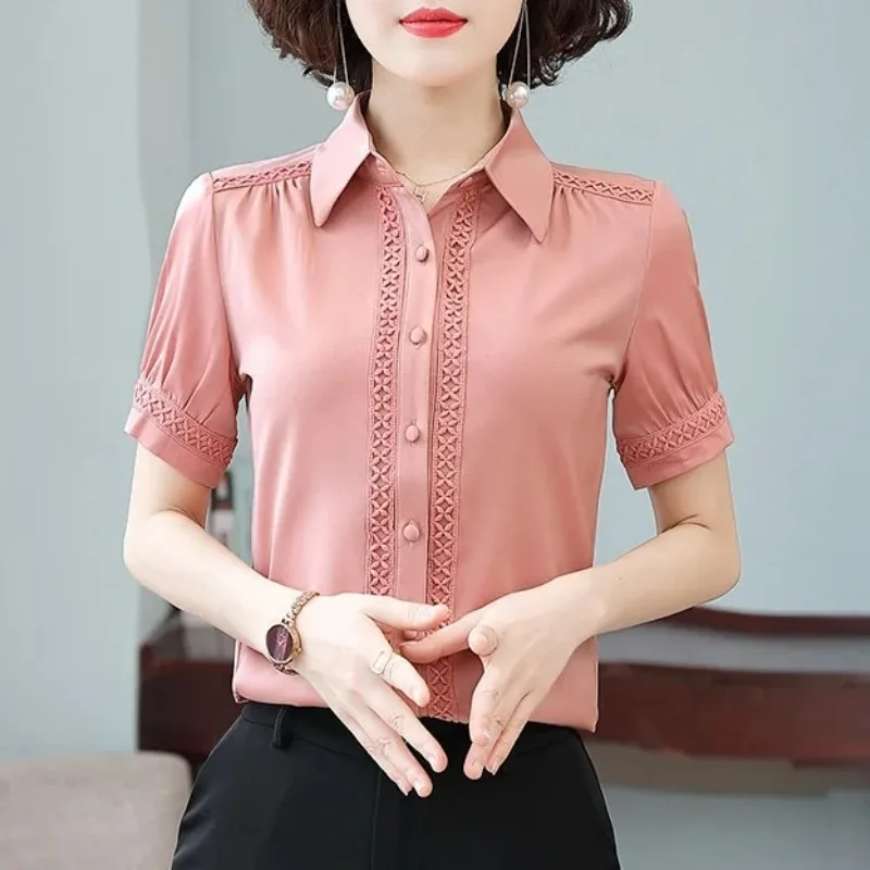 

Short Sleeve Turn-down Collar Solid Color Women's Button Lace Patchwork Cardigan Shirt Casual Elegant Women's Clothing Tops