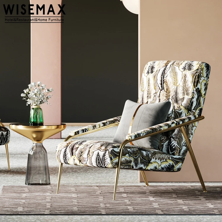 

WISEMAX FURNITURE gold metal legs linen fabric leisure accent chairs living room sofa chairs modern high back armrest sofa