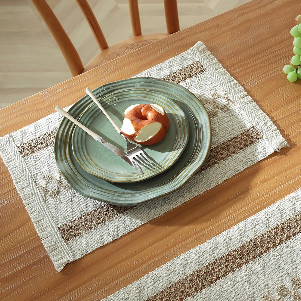 Cotton Hemp Rope Placemat, Holiday Cutlery Mat Woven Color Blocked Striped Tassel Bowl Mat