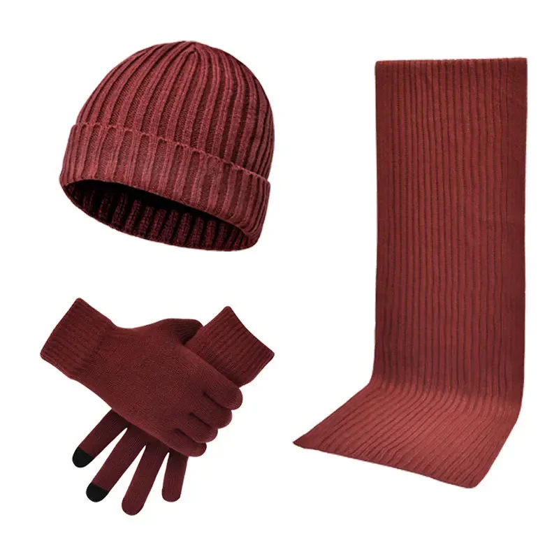 Men Knitted Long Scarf Hat Gloves 3 Piece Set Man 2024 Winter Warm Plush Protection Ear Cap Scarves And Touchscreen Gloves