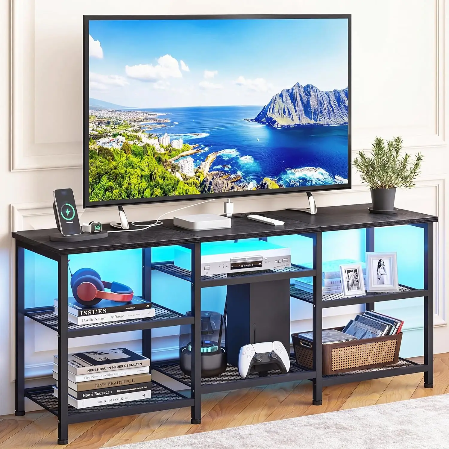 

Entertainment Center for TVs Up to 55", Stand with Power Outlet & LED Lights, Open Storage Shelves, TV Console Table for Living Room Bedroom, Black