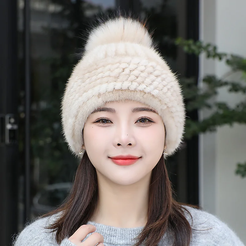 Women Cenuine Real Natural Knitted Mink Fur Hat Fashion Winter Warm Women Knit Caps Mink Hats With Fox Fur Vertical Woven Top