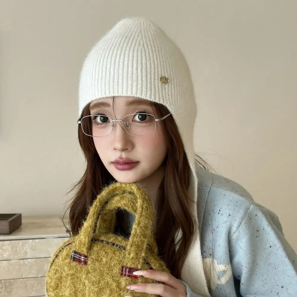 

Keep Warm Knitted Hat Coldproof Ear Protection Woolen Crochet Beanies Cap Neck Protector Solid Color Girls Pullover Cap Winter