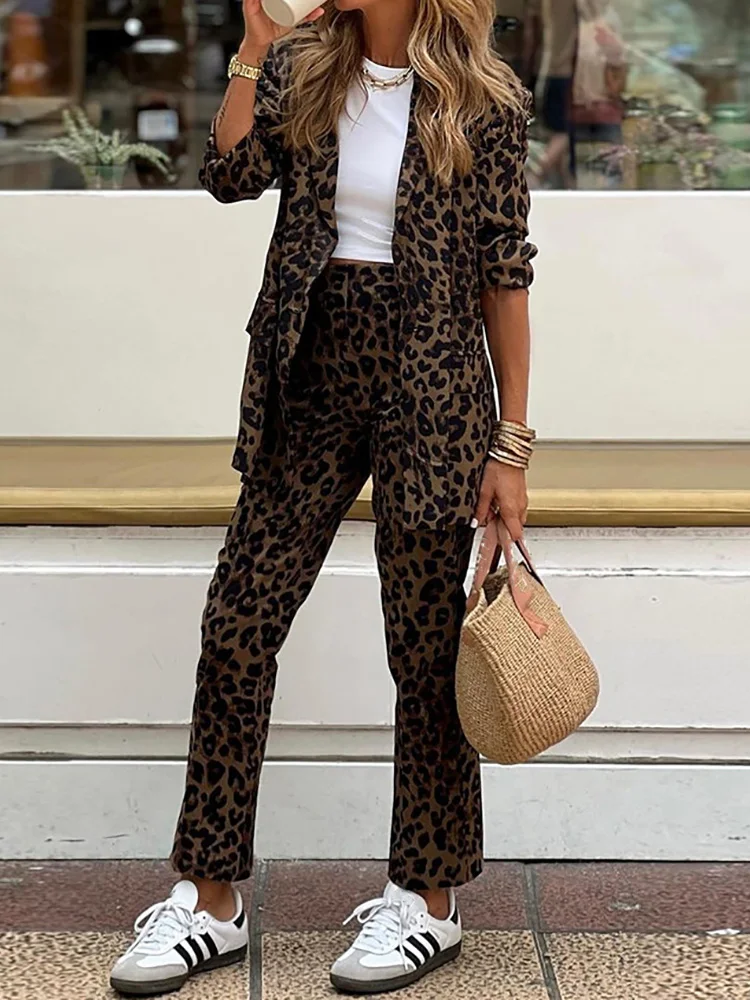 Long Sleeve Autumn Winter Simple Matching Sets, Women V Neck Cardigan Top Fashion Outfit, Leopard Patchwork Elegant Ladies Suits