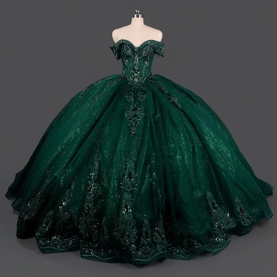 

Dark Green Shiny Quinceanera Dresses Off The Shoulder Sequin Applique Lace Beading Crystal Bow Tull Party Birthday Sweet 16