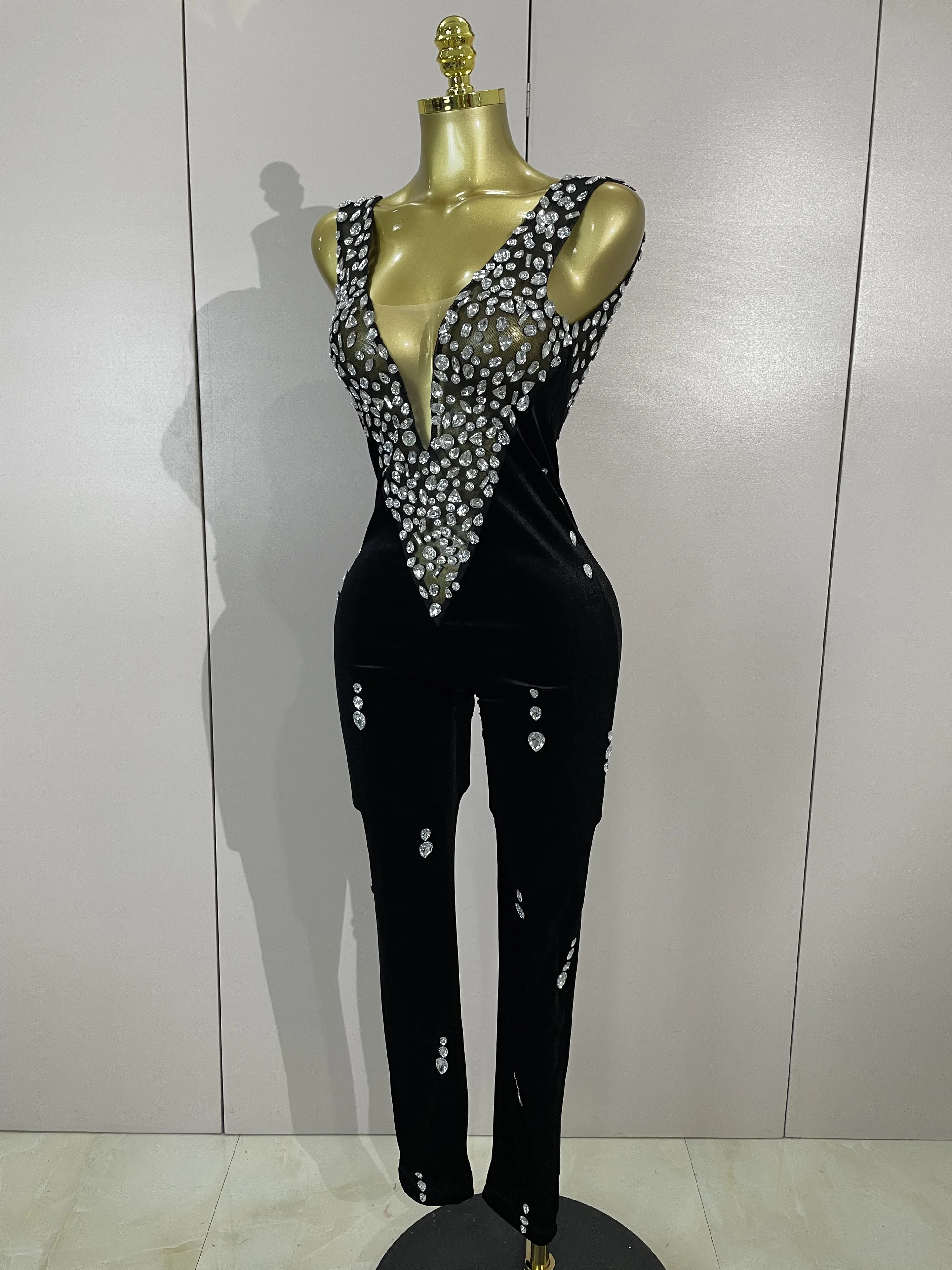 Sexy Sparkly Rhinestones Black Velvet Jumpsuit Women Performance Dance Costume Celebrate Club Luxury Birthday Party Stage Outfit