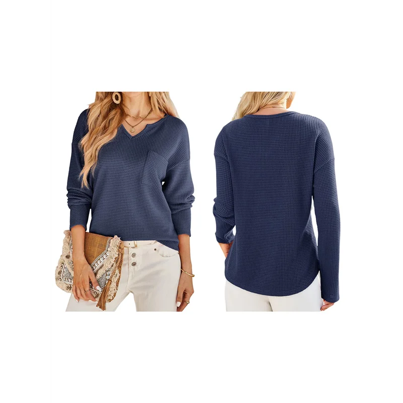 

Женские топы, вафельные вязаные рубашки с длинными рукавами и v-образным вырезом, повседневные модные однотонные свободные блузки-ABLI