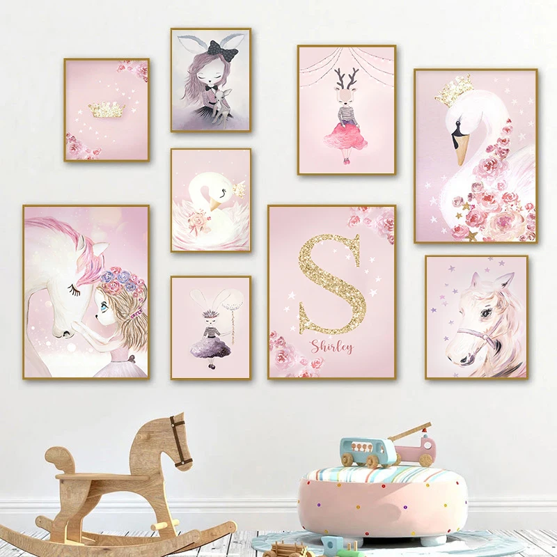 Pink Kawaii Room Decor Swan Nursery Wall Art Canvas Painting Name Personalized Letter Wall Posters and Prints Bedroom Wall Decor