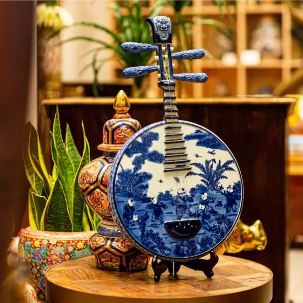 Blue and white ceramic classical musical instruments entrance decoration ornament collection