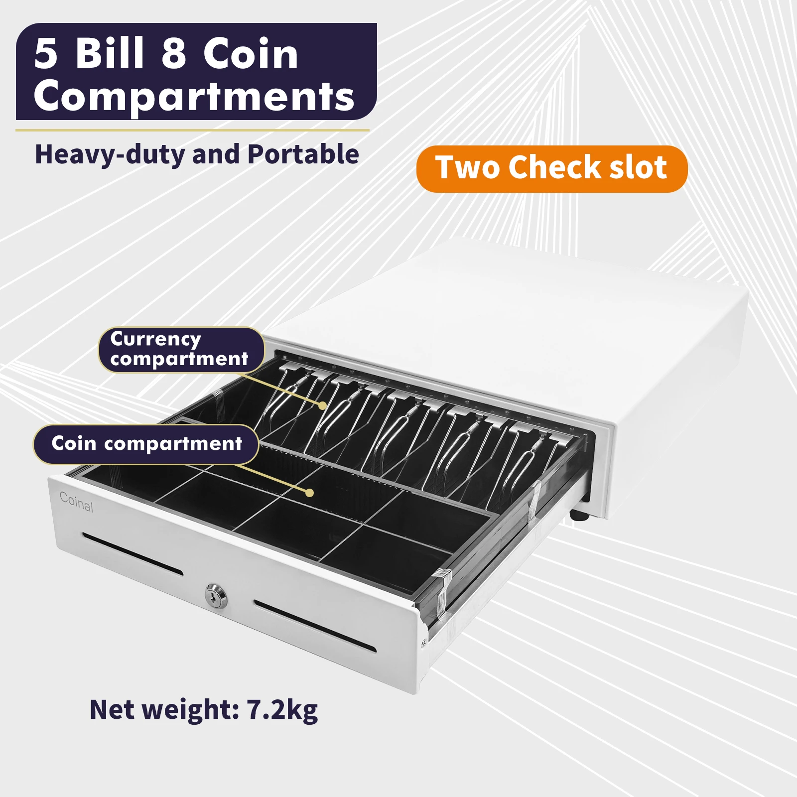 

Coinal Cash Box, White, 41.5x41x10cm, 7.2kg, 16'', 5 Compartments For Paper Currency Storage, 8 Coin Storage Compartments, Large