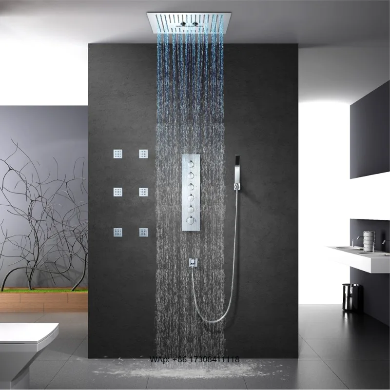 

Wall Mount Polished Brass Modern Thermostat Controlled Bathroom Shower Faucet Set Spray Rain & Waterfall 16 Inch LED Shower Head